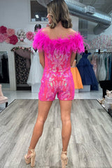 Misshow Sparkly Fuchsia Sequins Tight Short Hoco Jumpsuits with Feathers