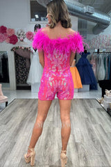 Misshow Sparkly Fuchsia Sequins Tight Short Hoco Jumpsuits with Feathers