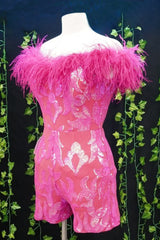 Misshow Sparkly Fuchsia Sequins Tight Short Hoco Jumpsuits with Feathers