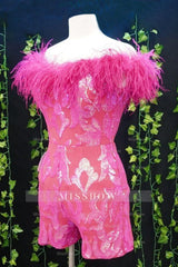 Misshow Sparkly Fuchsia Sequins Tight Short Hoco Jumpsuits with Feathers