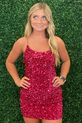 Misshow Sparkly Fuchsia Sleeveless Sequin Tight Short Homecoming Dress/Mini Dress