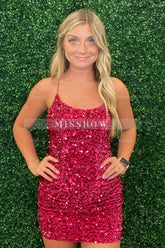Misshow Sparkly Fuchsia Sleeveless Sequin Tight Short Homecoming Dress/Mini Dress