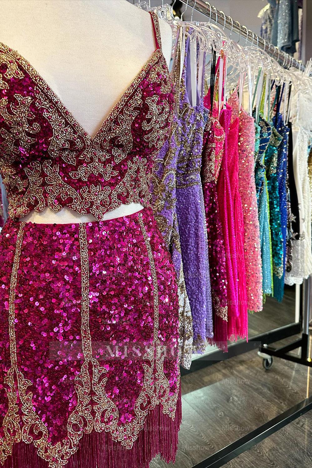 Misshow Sparkly Fuchsia Spaghetti Straps Bodycon Short Homecoming Dress/Mini Dress with Fringe