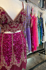 Misshow Sparkly Fuchsia Spaghetti Straps Bodycon Short Homecoming Dress/Mini Dress with Fringe