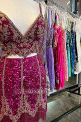 Misshow Sparkly Fuchsia Spaghetti Straps Bodycon Short Homecoming Dress/Mini Dress with Fringe