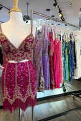 Misshow Sparkly Fuchsia Spaghetti Straps Bodycon Short Homecoming Dress/Mini Dress with Fringe