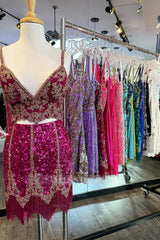 Misshow Sparkly Fuchsia Spaghetti Straps Bodycon Short Homecoming Dress/Mini Dress with Fringe