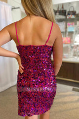 Misshow Sparkly Fuchsia Spaghetti Straps Sequins Tight Short Homecoming Dress/Mini Dress