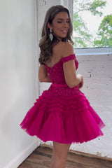 Misshow Sparkly Fuchsia Tiered A-Line Tulle Short Homecoming Dress/Mini Dress with Lace