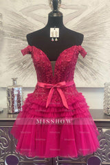 Misshow Sparkly Fuchsia Tiered A-Line Tulle Short Homecoming Dress/Mini Dress with Lace
