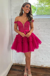 Misshow Sparkly Fuchsia Tiered A-Line Tulle Short Homecoming Dress/Mini Dress with Lace