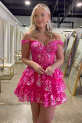 Misshow Sparkly Fuchsia Tiered Lace A-Line Short Homecoming Dress/Mini Dress