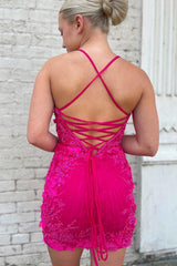 Misshow Sparkly Fuchsia Tight Short Homecoming Dress/Mini Dress with Appliques