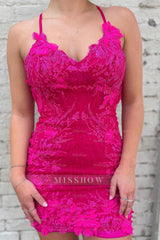 Misshow Sparkly Fuchsia Tight Short Homecoming Dress/Mini Dress with Appliques