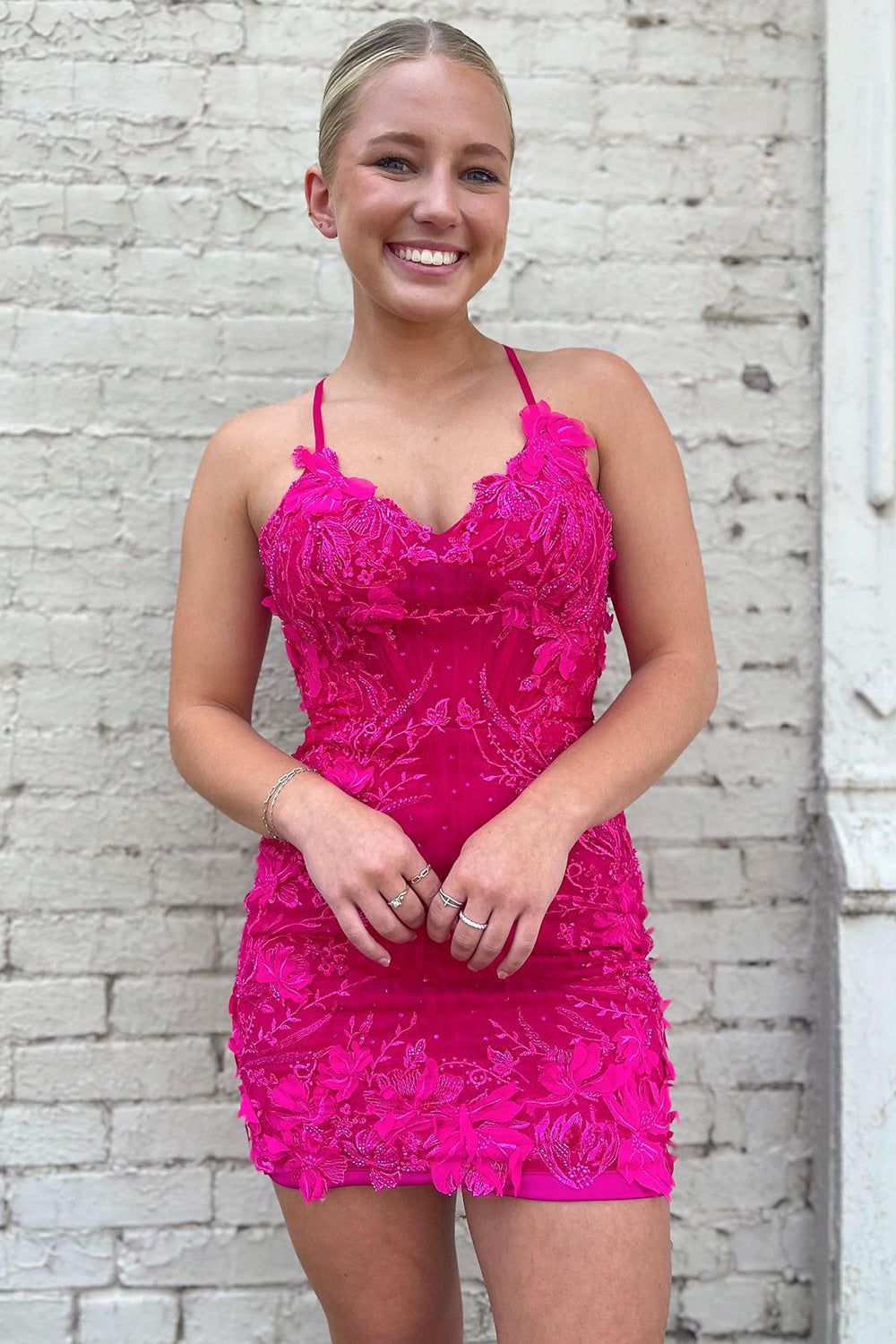 Misshow Sparkly Fuchsia Tight Short Homecoming Dress/Mini Dress with Appliques
