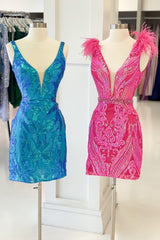 Misshow Sparkly Fuchsia V-Neck Sequins Tight Short Homecoming Dress/Mini Dress