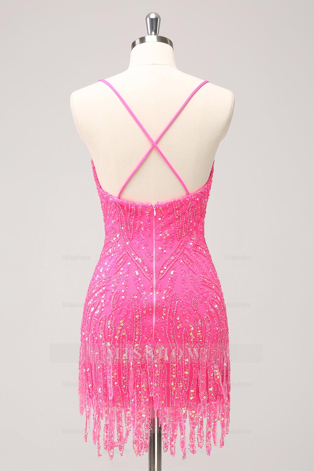 Misshow Sparkly Gold Sequined Spaghetti Straps Tight Short Homecoming Dress/Mini Dress With Fringes