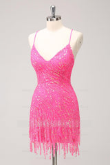 Misshow Sparkly Gold Sequined Spaghetti Straps Tight Short Homecoming Dress/Mini Dress With Fringes