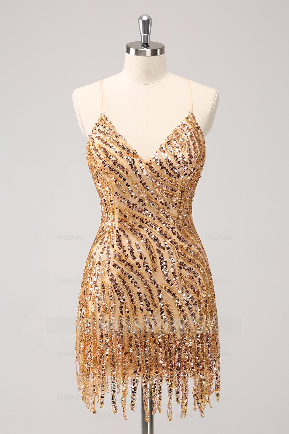 Misshow Sparkly Gold Sequined Spaghetti Straps Tight Short Homecoming Dress/Mini Dress With Fringes
