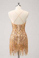 Misshow Sparkly Gold Sequined Spaghetti Straps Tight Short Homecoming Dress/Mini Dress With Fringes