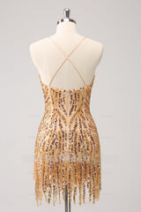 Misshow Sparkly Gold Sequined Spaghetti Straps Tight Short Homecoming Dress/Mini Dress With Fringes