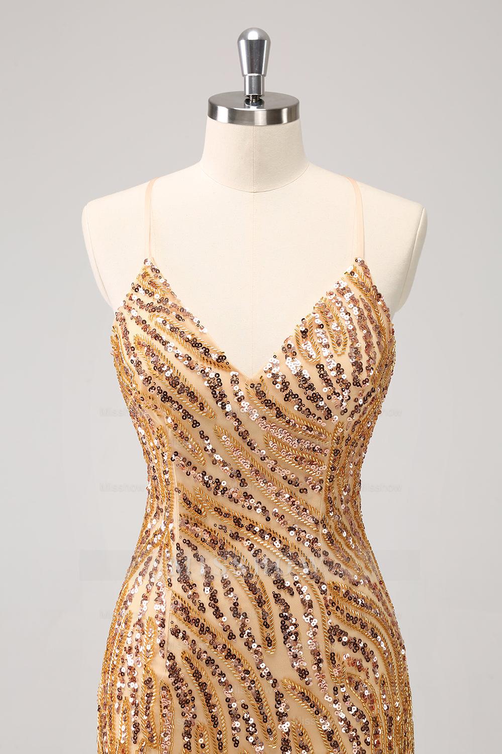 Misshow Sparkly Gold Sequined Spaghetti Straps Tight Short Homecoming Dress/Mini Dress With Fringes