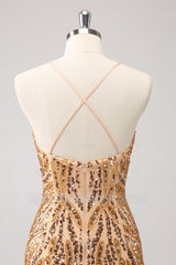 Misshow Sparkly Gold Sequined Spaghetti Straps Tight Short Homecoming Dress/Mini Dress With Fringes