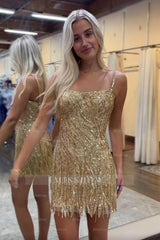 Misshow Sparkly Gold Spaghetti Straps Beaded Fringed Tight Short Hoco Dress