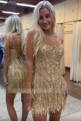 Misshow Sparkly Gold Spaghetti Straps Beaded Fringed Tight Short Hoco Dress