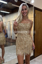 Misshow Sparkly Gold Spaghetti Straps Beaded Fringed Tight Short Hoco Dress