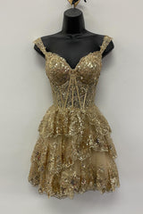 Misshow Sparkly Golden A-Line Tiered Lace Short Homecoming Dress/Mini Dress