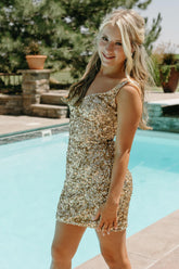 Misshow Sparkly Golden Bodycon Spaghetti Straps Homecoming Dress/Mini Dress