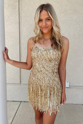 Misshow Sparkly Golden Spaghetti Straps Sequins Fringed Tight Short Hoco Dress