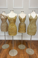 Misshow Sparkly Golden Spaghetti Straps Tight Short Sequins Homecoming Dress/Mini Dress