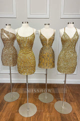 Misshow Sparkly Golden Spaghetti Straps Tight Short Sequins Homecoming Dress/Mini Dress