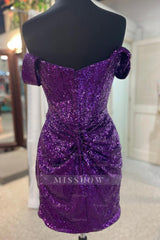 Misshow Sparkly Grape Detachable Off the Shoulder Sequins Tight Homecoming Dress/Mini Dress