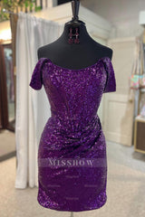 Misshow Sparkly Grape Detachable Off the Shoulder Sequins Tight Homecoming Dress/Mini Dress