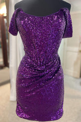Misshow Sparkly Grape Detachable Off the Shoulder Sequins Tight Homecoming Dress/Mini Dress