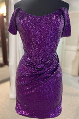 Misshow Sparkly Grape Detachable Off the Shoulder Sequins Tight Homecoming Dress/Mini Dress