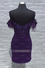 Misshow Sparkly Grape Sequins Spaghetti Straps Short Homecoming Dress/Mini Dress With Feathers