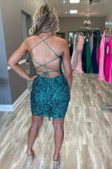 Misshow Sparkly Green Backless Spaghetti Straps Tight Short Homecoming Dress/Mini Dress