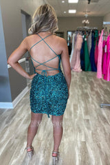 Misshow Sparkly Green Backless Spaghetti Straps Tight Short Homecoming Dress/Mini Dress