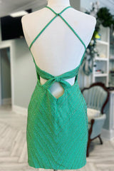 Misshow Sparkly Green Beaded Sequin Backless Tight Short Homecoming Dress/Mini Dress