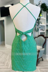 Misshow Sparkly Green Beaded Sequin Backless Tight Short Homecoming Dress/Mini Dress