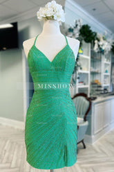 Misshow Sparkly Green Beaded Sequin Backless Tight Short Homecoming Dress/Mini Dress