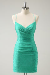 Misshow Sparkly Green Beaded Spaghetti Straps Tight Short Homecoming Dress/Mini Dress