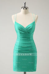 Misshow Sparkly Green Beaded Spaghetti Straps Tight Short Homecoming Dress/Mini Dress