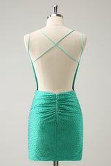 Misshow Sparkly Green Beaded Spaghetti Straps Tight Short Homecoming Dress/Mini Dress