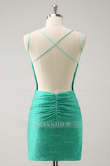 Misshow Sparkly Green Beaded Spaghetti Straps Tight Short Homecoming Dress/Mini Dress