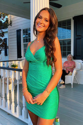 Misshow Sparkly Green Beaded Spaghetti Straps Tight Short Homecoming Dress/Mini Dress